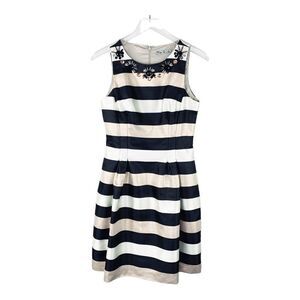 Eliza J Black/Gold/Cream Striped sleeveless Cocktail Dress w/Beaded Neckline 4